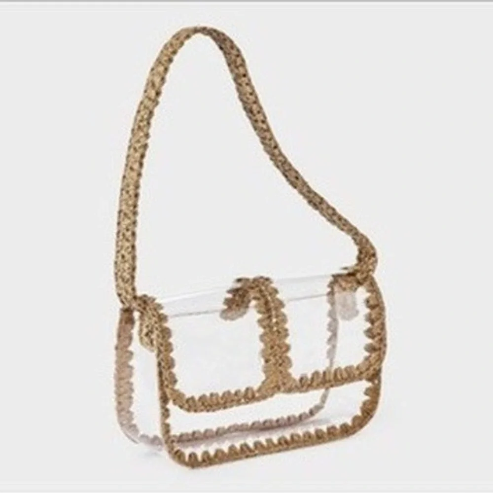 Universal Thread Clear Shoulder Bag Womens Small Tan Straw Trim NEW